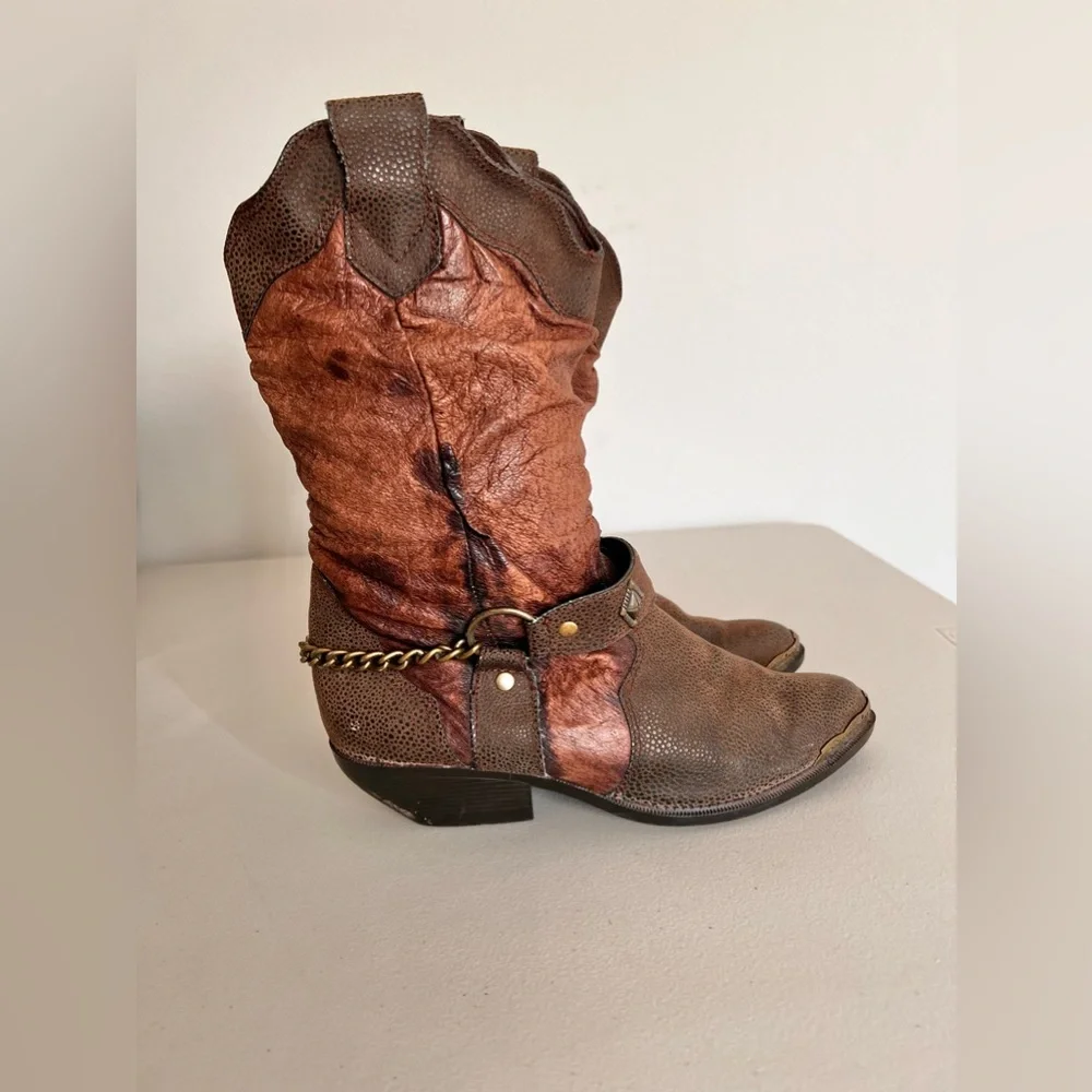 Leather Collection  Harness Strap Metal Tip Women’s Brown   Cowboy Boots Size 8_3